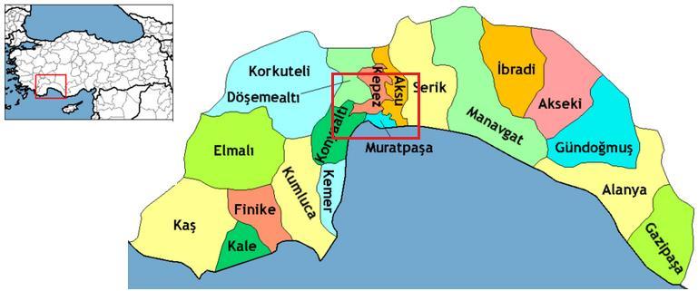 Antalya Körfezi'yle Batı Torosların arasında kurulmuştur. Şehir son dönemlerde kuzeye ve doğuya doğru genişlemiştir. Şekil 1. Antalya şehri lokasyon haritası.