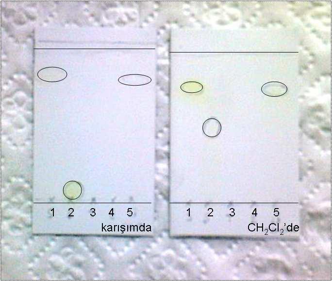 İnce tabaka deneyleri yapılırken öncelikle CH 2 Cl 2 yürütücü sisteminde beş farklı madde yürütülmüştür. Bunlar ince tabaka üzerine Şekil 5.