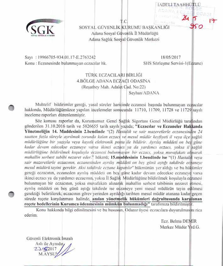 170 ADEO ÇALIŞMA RAPORU DUYURULAR ECZANESİNDE BULUNMAYAN ECZACILAR HAKKINDA (31.05.