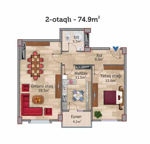 2OTAQLI MƏNZİL PLANI 74.9 m₂ OTAQ SAYI 2 SAHƏSİ 74.