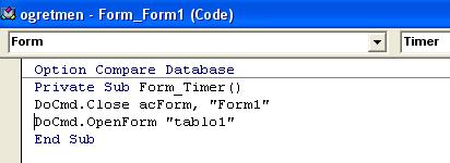 Zamanlamaya bağlı kod yazmak istersek Private Sub Form_Timer() Static x: 'sayac vazifesi görür