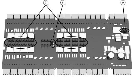 AMC2 Extensions Giriş tr 15 Şekil 3.5: Alt taraftaki anahtarlar 7 Gerilimsiz röle çıkışını ("kuru" mod) veya AMC2 dahili güç kaynağından döngüye alınmış gerilimi ("ıslak" mod) ayarlamak için anahtar.