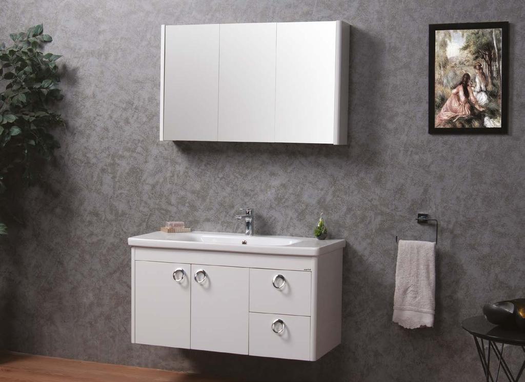 Oval corners cohorent with the ceramic basin. Led mirror tall unit with 2 soft close doors, white lacquer painted.