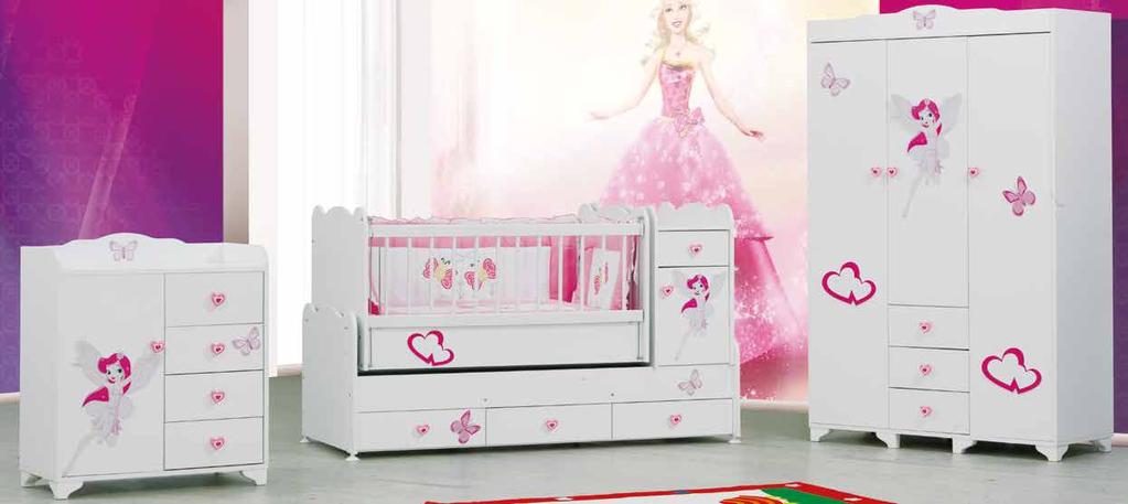 barbi bebek odası barbi ÜRÜN KODU: T9329 bebek odası Resimli Şifonyer T-8500 Resimli Uzamalı Beşik 70x130 T-2520 Uzayan beşiğimiz sonradan çalışma masası ve karyola olarak kullanılabilmektedir.