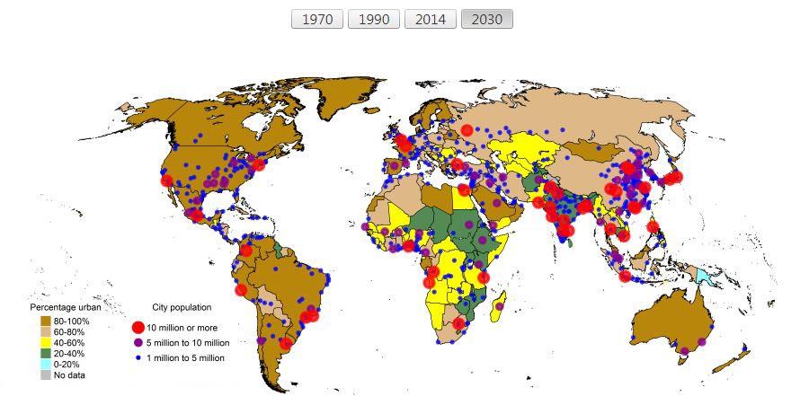 Şekil 3: 2030 Yılı Dünya Kentleşme Beklentisi Haritası (United Nations, t.y.).