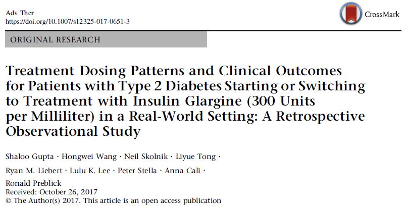 Retrospektif gözlemsel çalışma Daha önce insülin tedavisi almayan 390 T2DM olgu (Gla300: 298, Gla100:92 olgu) ve Gla-100 veya detemir tedavisinden Gla-300