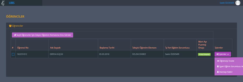 Firmalar, «İşlemler» alanı altında bulunan «İş yeri Eğitim Sorumlusu Ata» alanından, öğrencinin firmadaki öğrenciden sorumlu, iş veren, tarif eden