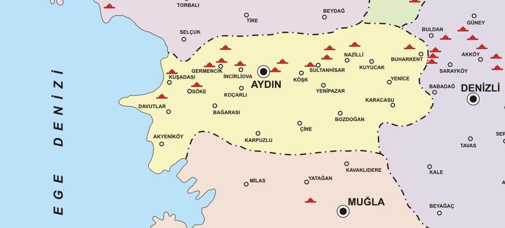 Aşağıdaki harita, Aydın İli Jeotermal Sahaları göstermektedir. Kaynak: MTA Genel Müdürlüğü Sıcak su kaynakları bakımından oldukça zengin olan Aydın da jeotermal çalışmalar 1981 yılında başlamıştır.