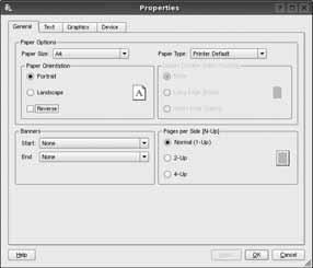 3 LPR GUI penceresinde, Printer (Yazıcı) listesinden makinenizin model adını seçin ve Properties'i (Özellikler) tıklatın. Tıklatın. Pencerenin üst kısmında aşağıdaki dört sekme görüntülenir.