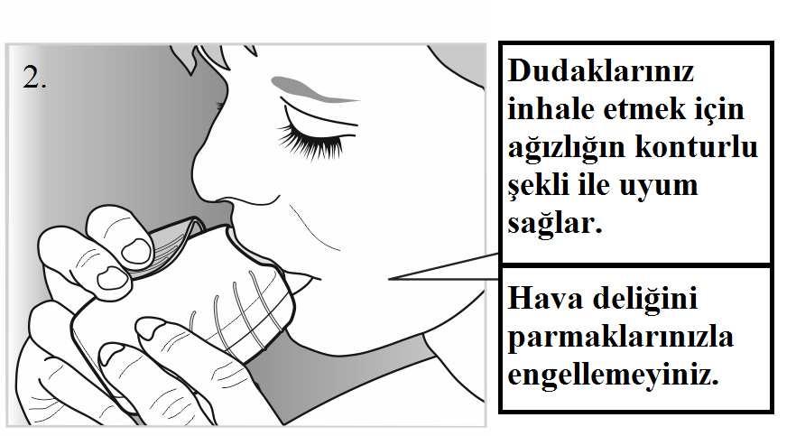 2) İlacınızın inhale edilmesi İnhaleri ağzınızdan uzakta tutarken mümkün olduğunca derin bir nefes veriniz. İnhalerin içine doğru nefes vermeyiniz.