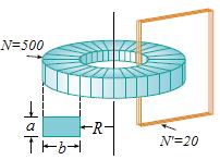 Örnek : yarıçapı Kesitinin kenar uzunlukları a = cm ve b = 3 cm, iç R= 4 cm olan N=5 sarımlı bir toroidin taşıdığı akım I t = 5sin 1 t