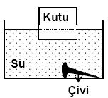 21-) 25-) Aynı metalden yapılmış eşit kütleli kutu ve çivi suya bırakıldığında şekildeki durum oluşuyor. Aşağıdakilerden hangisi bu durumu açıklar? A) Cisimlerin yüzebilmesi kütlelerine bağlıdır.