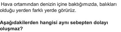 Her ikisi de sıvı olmasına rağmen kolonya dolu bardakta çatalın daha kırık görülmesi aşağıdakilerden hangileri ile açıklanabilir? I.