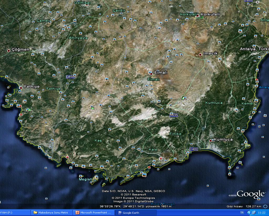 Türk Kültür Coğrafyasında Yerleşme Adları: Teke Yöresi Örneği Harita 3: Teke Yarımadası nın Uydu Görüntüsü 1/25000 lik topografya haritası bakıldığında sahada yer alan yerleşme birimlerinin %70 inden