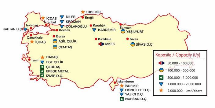 Şekil 2.2: Türkiye Çelik Üretim Haritası [9]. Şekil 2.3 de ülkemiz toplam çelik üretiminin yıllara göre değişimi yöntemler için verilmektedir.