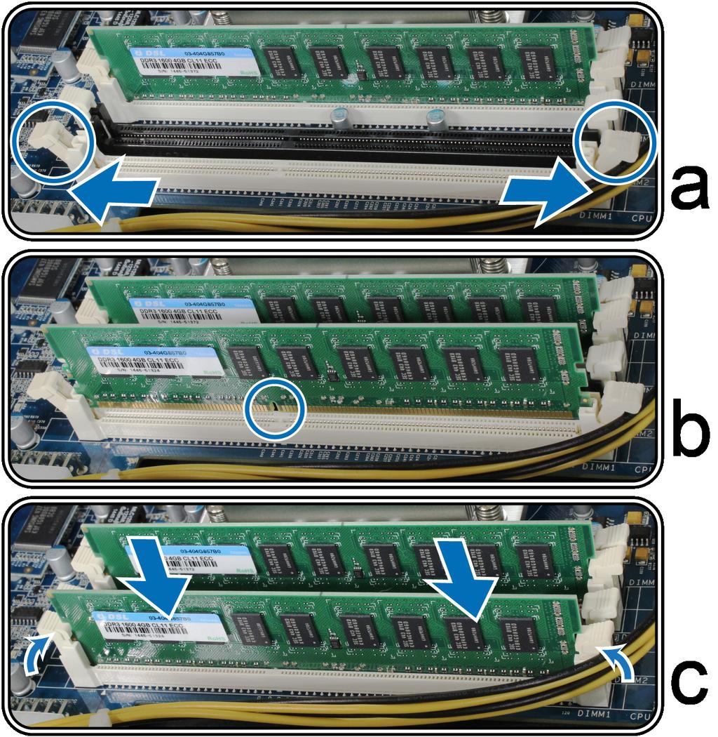 3 Yeni bellek modülünü yuvaya yerleştirin: a Yuva üzerindeki tespit klipslerini yanlara doğru itin.