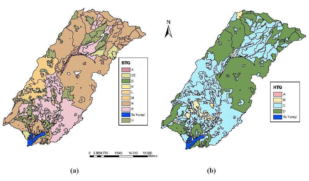 Şekil 4.36 a. Demirci havzası büyük toprak grupları haritası, b. hidrolojik toprak grupları haritası Demirci Havzasında hakim olan büyük toprak grupları Kireçsiz kahverengi Orman Toprakları (482.