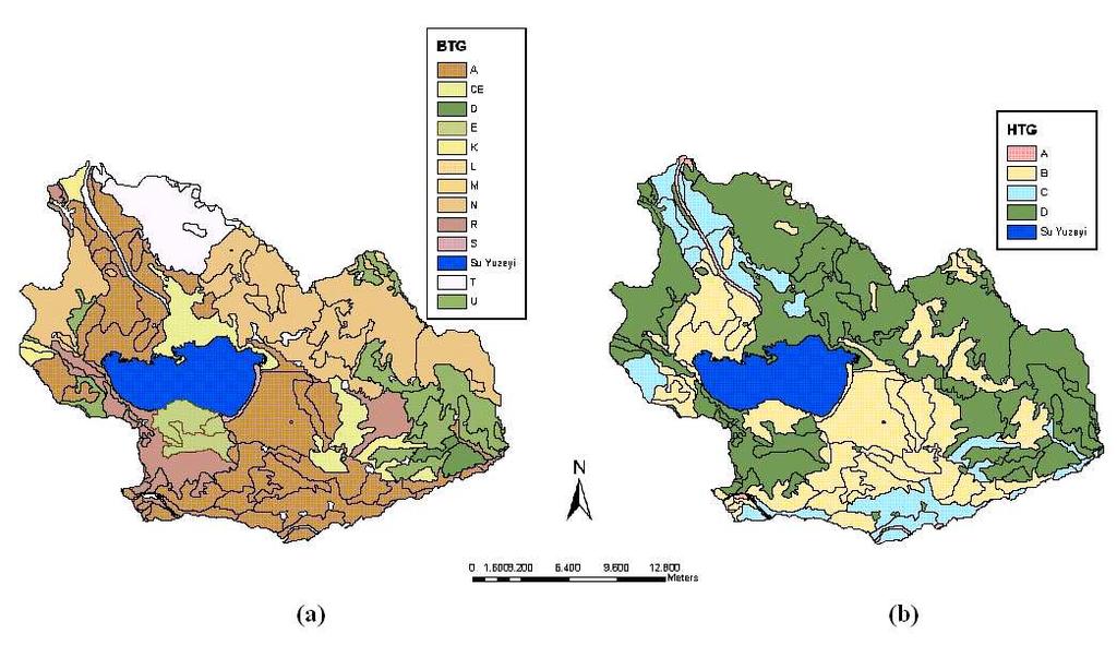 Şekil 4.42 a. Gölmarmara havzası büyük toprak grupları haritası b. hidrolojik toprak grupları haritası Gölmarmara Havzasında bulunan büyük toprak grupları içerisinde Aluvyal Topraklar %31.5 (160.