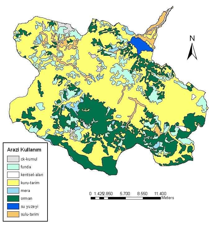 Şekil 4.46 Derbent havzası arazi kullanım haritası Derbent Havzasında hakim olan arazi kullanım türü 308 km 2 (%55.0) ile kuru tarımdır. Kuru tarım alanlarını 140.43 km 2 (%25.