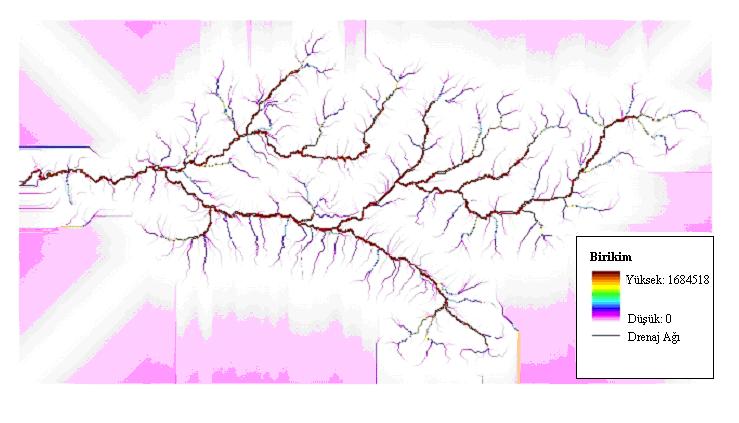 Gediz nehrinin havza çıkışında bulunduğu tespit edilmektedir. Bundan, Gediz nehrinin denize döküldüğü noktanın toplam 1684518 piksel tarafından beslendiği anlamı çıkmaktadır (Şekil 4.10). Şekil 4.