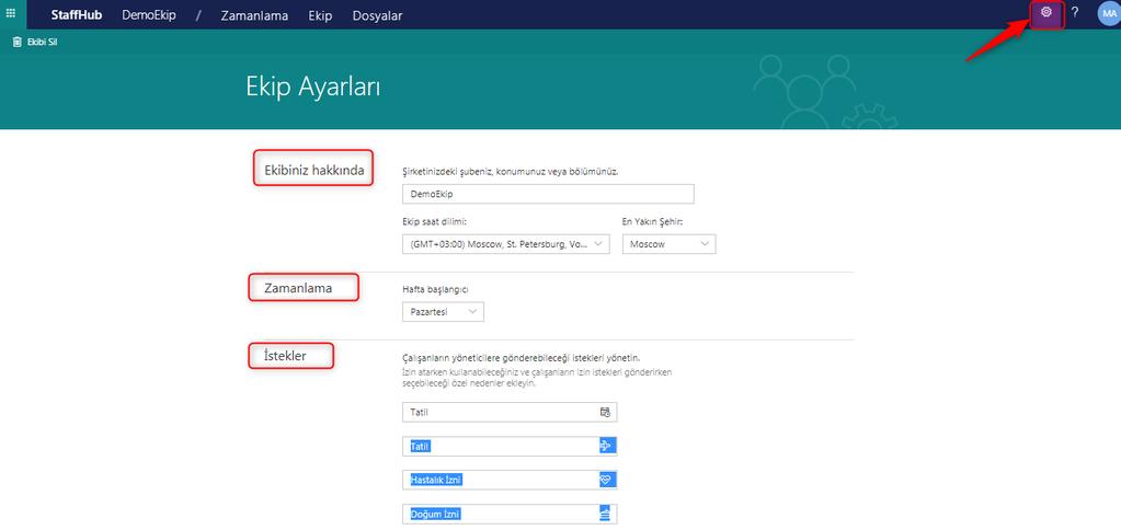 Ekibiniz hakkında bölümünde ekip adı ve saat dilimi bilgileri yer alır. Bu bilgiler ekip oluşturulurken girilen bilgilerdir istenilirse güncelleştirilir.