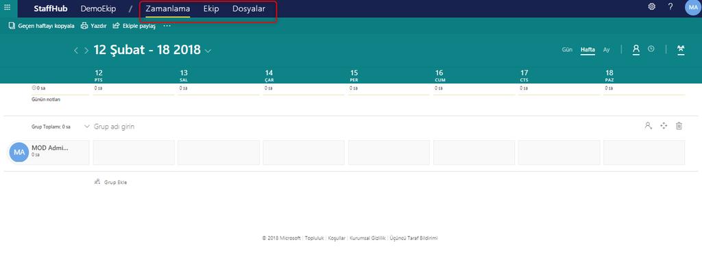 İlgili işlemlerin tamamlanmasından sonra Kurulumu bitir ile StaffHub ekip oluşturma işlemi tamamlanır. Kurulumun tamamlanmasının ardından StaffHub arayüzü kullanıcıları karşılar.