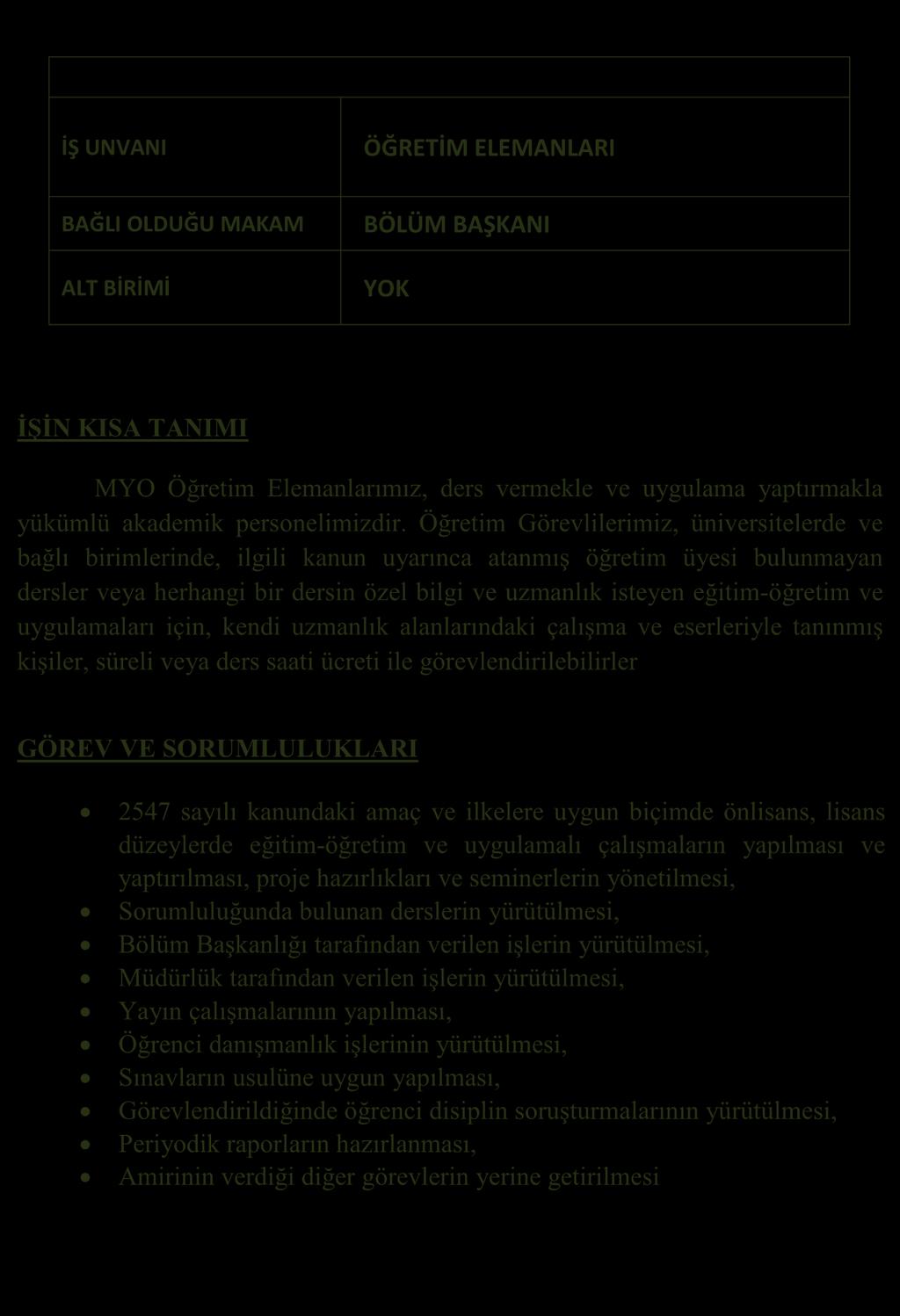 GÖREV TANIMLARI İŞ UNVANI ÖĞRETİM ELEMANLARI BAĞLI OLDUĞU MAKAM ALT BİRİMİ BÖLÜM BAŞKANI YOK İŞİN KISA TANIMI MYO Öğretim Elemanlarımız, ders vermekle ve uygulama yaptırmakla yükümlü akademik