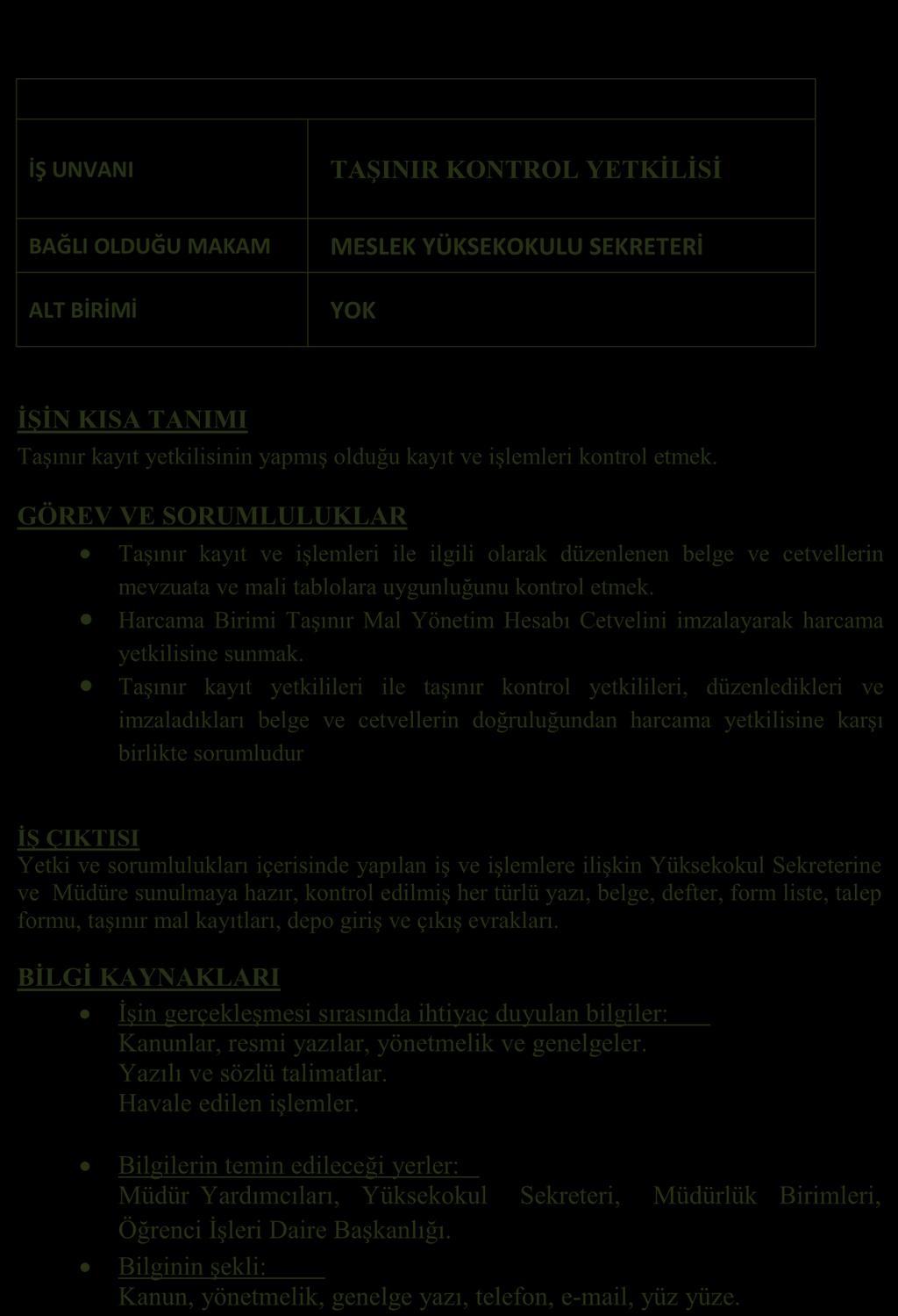 GÖREV TANIMLARI İŞ UNVANI TAŞINIR KONTROL YETKİLİSİ BAĞLI OLDUĞU MAKAM ALT BİRİMİ MESLEK YÜKSEKOKULU SEKRETERİ YOK İŞİN KISA TANIMI Taşınır kayıt yetkilisinin yapmış olduğu kayıt ve işlemleri kontrol