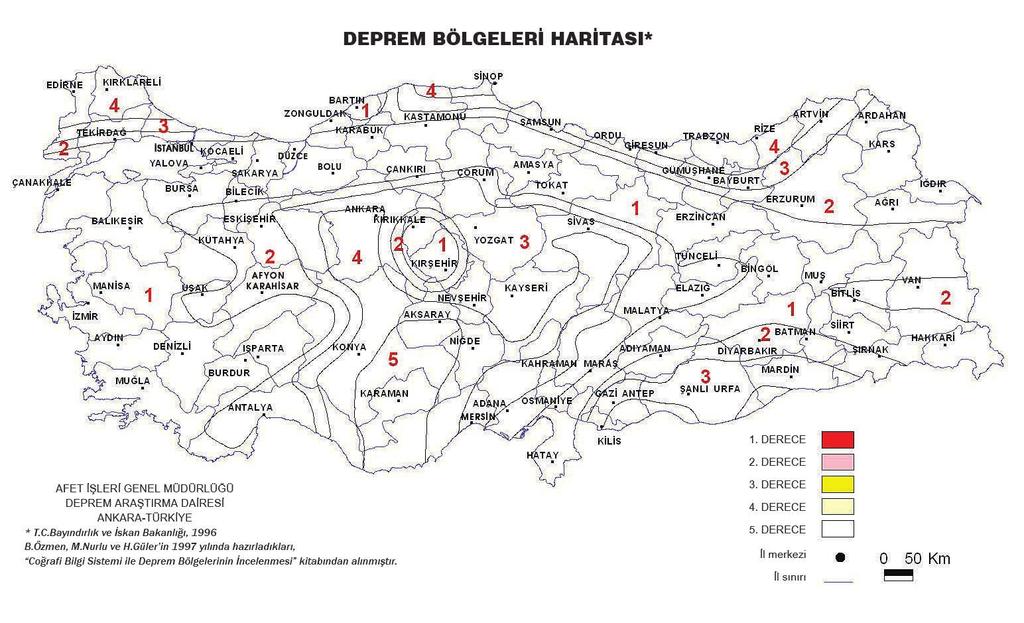 Aşağıda Türkiye nin deprem tehlikesini gösteren bir harita var. Bu haritada deprem bölgelerinin sınırları çizilmiş ve içleri numaralandırılmıştır.