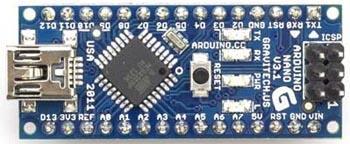 Arduino Nano Kartının Özellikleri Mikrodenetleyici : Arduino Nano V3 te ATmega328 (önceki versiyonlarda ATmega168) Çalışma gerilimi : +5 V DC Tavsiye edilen