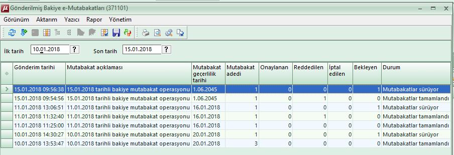 Gönderilmiş e-mutabakatlar (371002) Gönderilmiş e-mutabakatların takibi bu menüde tek ekranda izlenebilecektir.