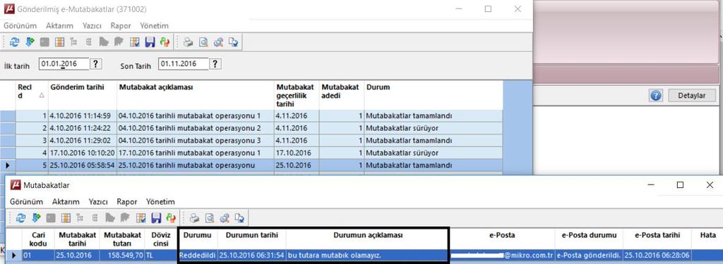 İlk ekranda mutabakatlar gruplanmış olarak görünmekte olup satır üzerinde fare ile sağ tıklandığında mutabakat detayları seçeneği ile ayrı ayrı detay kontroller