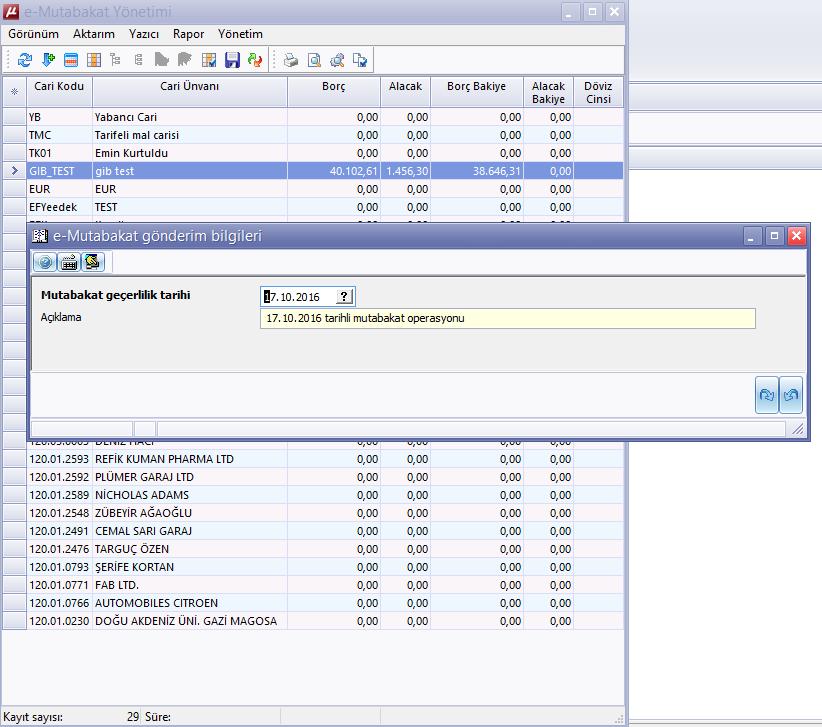 Parametre ekranında yer alan mutabakat tarihi, seçim yapılan cari hesaplara ait bakiyelerin hangi tarih sonu itibarıyla dikkate alınacağının