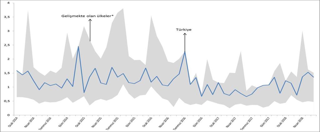 Şekil 4: Borsa Günlük Getirilerinin Standart Sapması Kaynak: Reuters * Gri taralı alan Türkiye, Brezilya, Şili, Çekya, Macaristan, Meksika, Polonya, G.