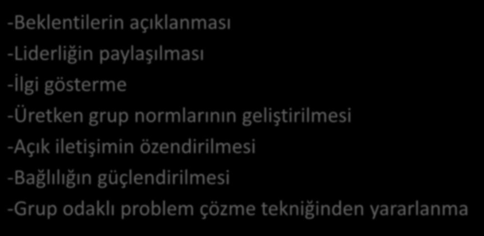 Dayandığı İlkeler -Beklentilerin açıklanması -Liderliğin paylaşılması -İlgi gösterme -Üretken grup normlarının