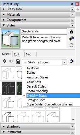 SketchUp Yazılımında ilk 3 Boyutlu Modelinizi Yaratmak Varsayılan Tepsi (Default Tray) içerisinde yer alan Malzemeler (Materials) iletişim kutusunu kapatınız ve Stiller (Styles) iletişim kutusunu