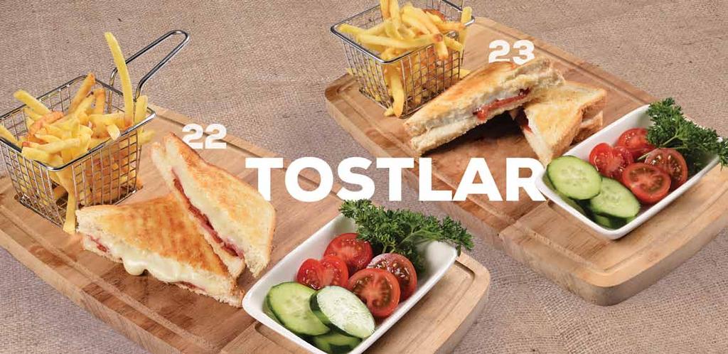 Beyaz Peynirli Kare Tost Karışık Kare Tost 22 Karışık Kare Tost Kare tost ekmeği içerisinde kaşar peyniri, salam, sucuk, yanında patates kızartması ve domates, salatalık söğüş ile servis