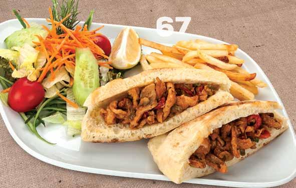 21,50 tl Steak Sandviç 64 Kıtır Piliç Sandviç Ciabatta ekmeği içerisinde kıtır piliç pane, yeşillik, domates, yanında mevsim yeşillikleri ve patates kızartması ile servis edilir.