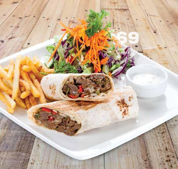 30,50 tl 70 Tavuk Wrap Jülyen doğranmış tavuk bonfile, biber, mantar, tortilla ekmeği, yanında patates kızartması ve mevsim  22,50