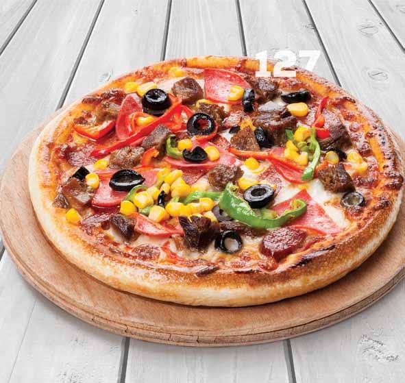 Karışık Pizza PİZZALAR 126 Karışık Pizza Kaşar peyniri, salam, sosis, sucuk, mantar, domates, renkli biber, zeytin, mısır, kekik ve özel pizza sos ile servis edilir.