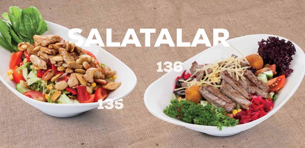 Biftekli Ilık Salata Tavuklu Bademli Ilık Salata 135 Tavuklu Bademli Ilık Salata Mevsim yeşillikleri, cherry domates, salatalık, köz biber, havuç, roka, sotelenmiş tavuk, badem ve zeytinyağılimon sos