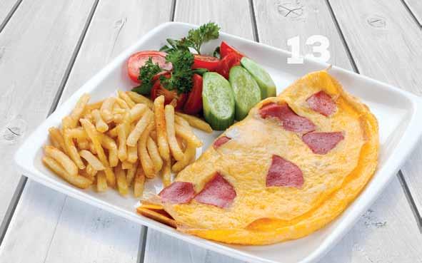 19,00 tl 11 Kaşar Peynirli Karışık Omlet Nefis tereyağında yumurta, salam, sosis, sucuk, al biber, kaşar peyniri, yanında patates kızartması ve domates, salatalık söğüş ile servis edilir.