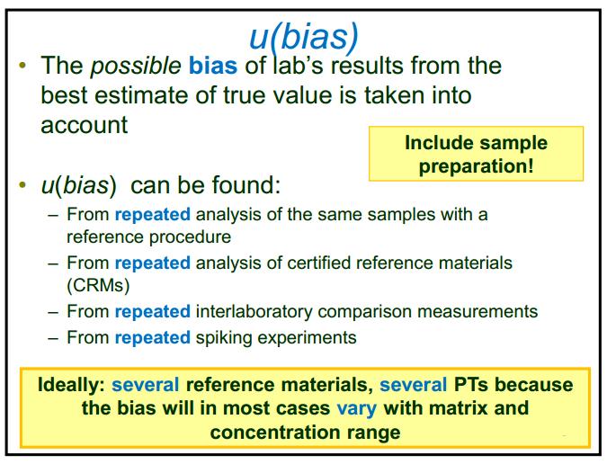 10.3 Sistematik Etkilerden Kaynaklı Belirsizlik Bileşeni u(bias) Laboratuvar sonuçlarının tahmin edilen en iyi gerçek değerden olası BİASı dikkate alınır. u(bias) aşağıdaki şekillerde bulunabilir.