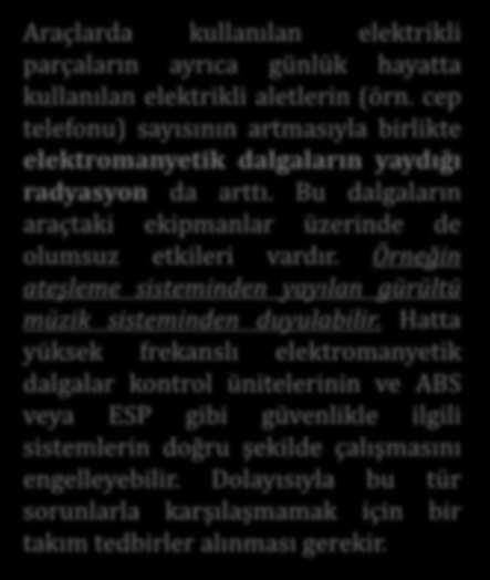 Bu dalgaların araçtaki ekipmanlar zerinde de olumsuz etkileri vardır. Örneğin ateşleme sisteminden yayılan gürültü müzik sisteminden duyulabilir.