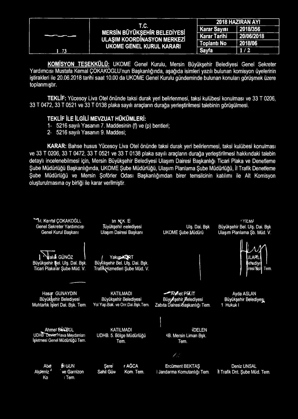 1.73 Karar Sayısı 2018/356 Sayfa 1 / 2 KOMİSYON TEŞEKKÜLÜ: UKOME Genel Kurulu, Mersin Genel Sekreter Yardımcısı Mustafa Kemal ÇOKAKOGLU'nun Başkanlığında, aşağıda isimleri yazılı bulunan komisyon