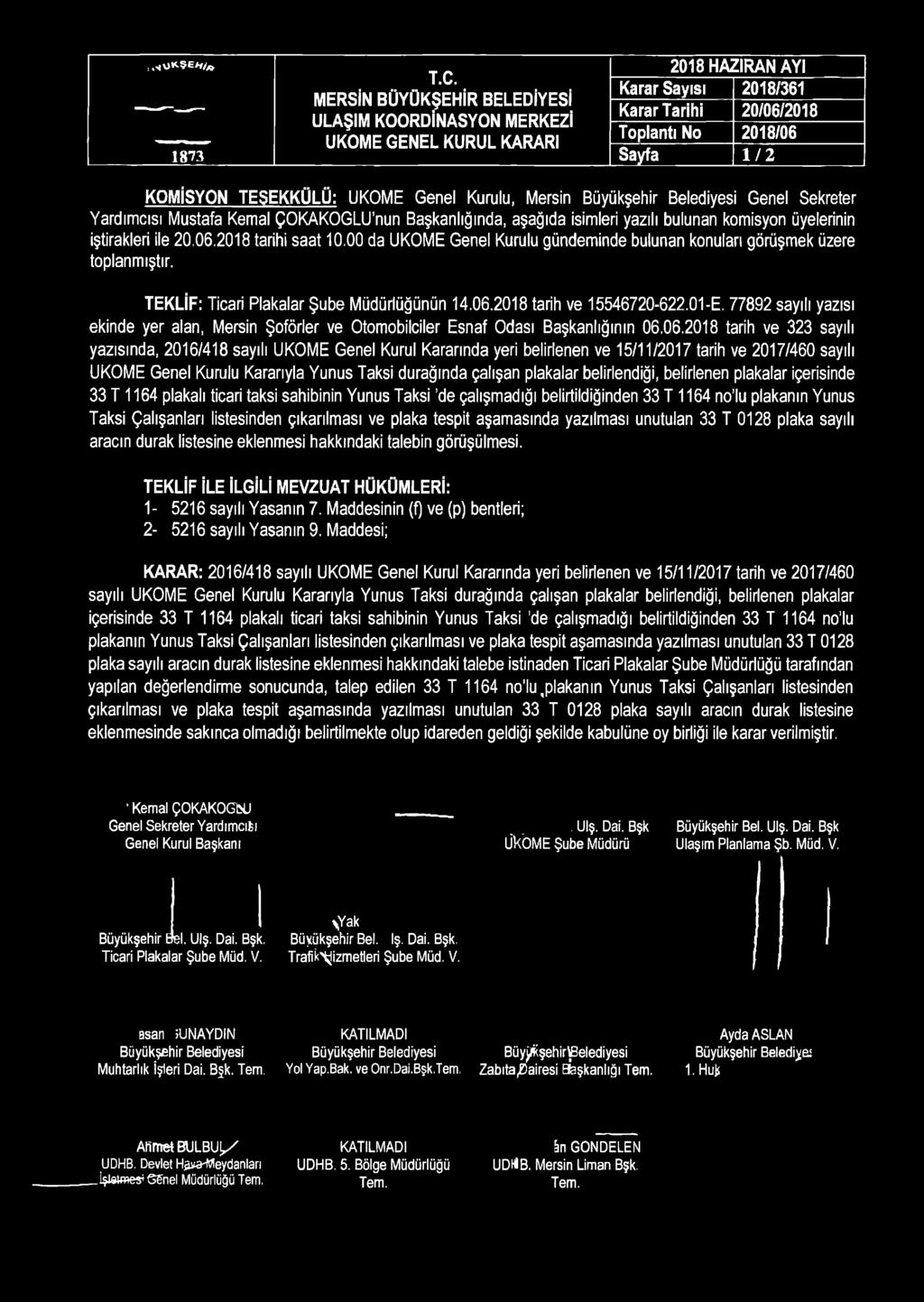 üyelerinin iştirakleri ile 20.06.2018 tarihi saat 10.00 da UKOME Genel Kurulu gündeminde bulunan konuları görüşmek üzere toplanmıştır. TEKLİF: Ticari Plakalar Şube Müdürlüğünün 14.06.2018 tarih ve 15546720-622.