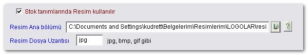 Parametre işaretlendiğinde disk bölümü ve dosya uzantısı seçimi yapılır. Ayarlar kaydedildiğinde stok tanımlarında resim bölümü eklenmiş olacaktır.