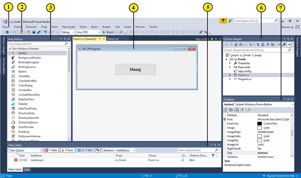 C Programlama Dr. Serkan DİŞLİTAŞ 1.3. Visual Studio C# IDE.NET Framework ile kombine edilmiş C# IDE ortamında; Windows Uygulamaları Web Servisleri Veritabanı Araçları Bileşenler Kontroller vb.