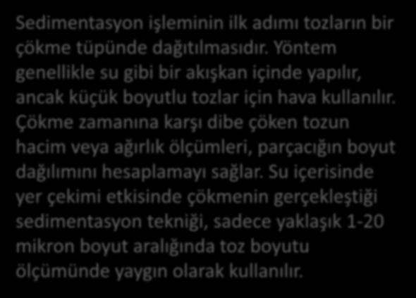 Sedimentasyon Tekniği Sedimentasyon işleminin ilk adımı tozların bir çökme tüpünde dağıtılmasıdır.