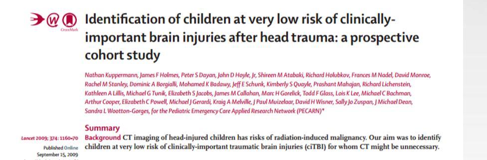 PECARN Pediatric Emergency Care Applied Research Network 25 merkez, prospektif kohort çalışması, 42 212 hasta Amaç: TBI açısından düşük riskli olan minör